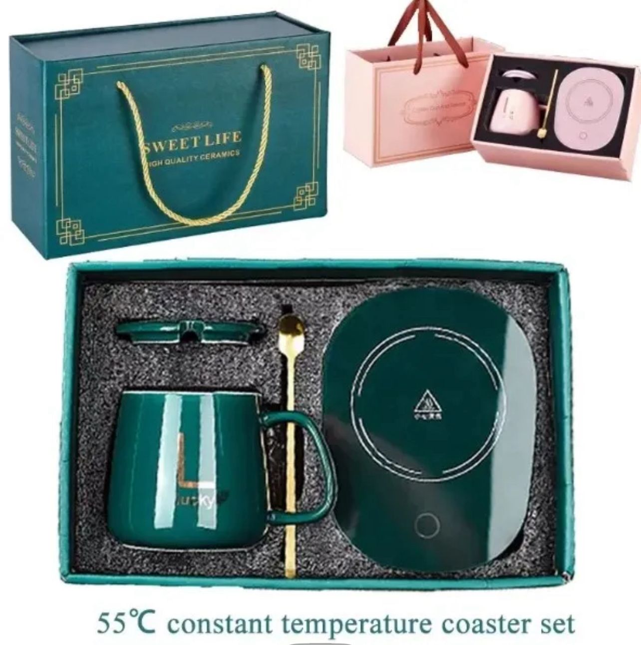 Cup Warmer Heater Set With Ceramic Mug & Tea Spoon
